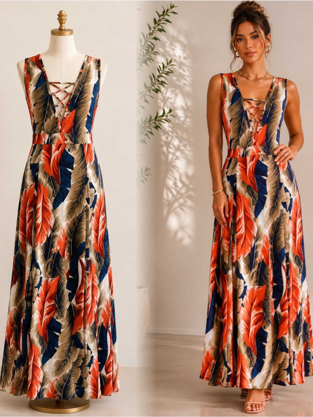 Iris Basic Tropical Lace-Up Maxi Dress in Navy, Rust & Olive